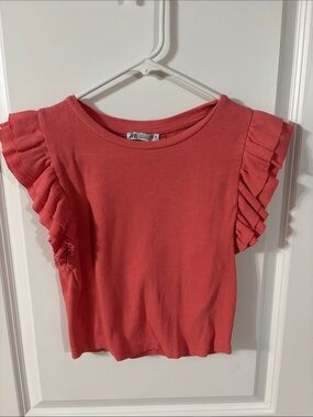 ZARA Coral Pink Ruffle Sleeve Ribbed cropped Tee